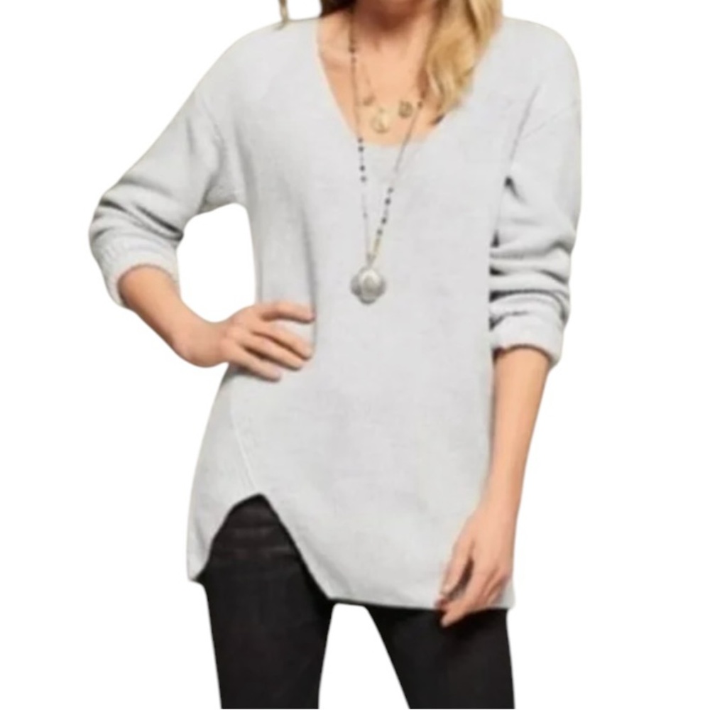 CAbi Cloud Grey Deep V-Neck Zip Side Sweater #3531 M